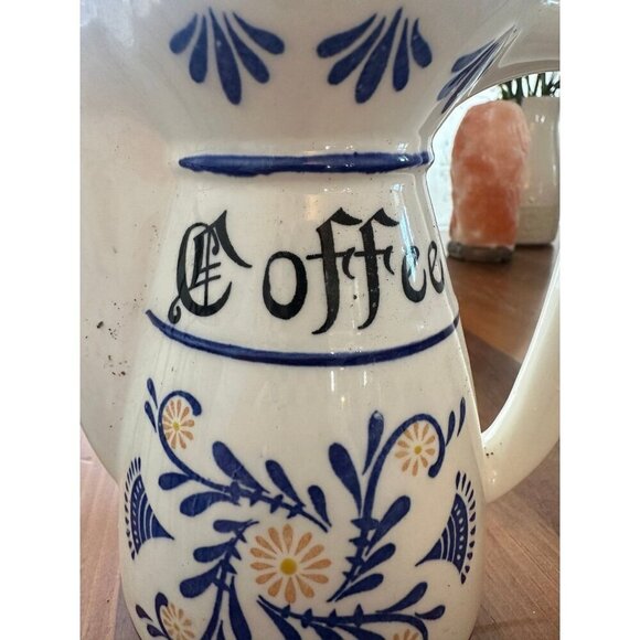 Vintage Ceramic Coffee Pitcher – Blue Floral Design, 10” Tall - Picture 2 of 12